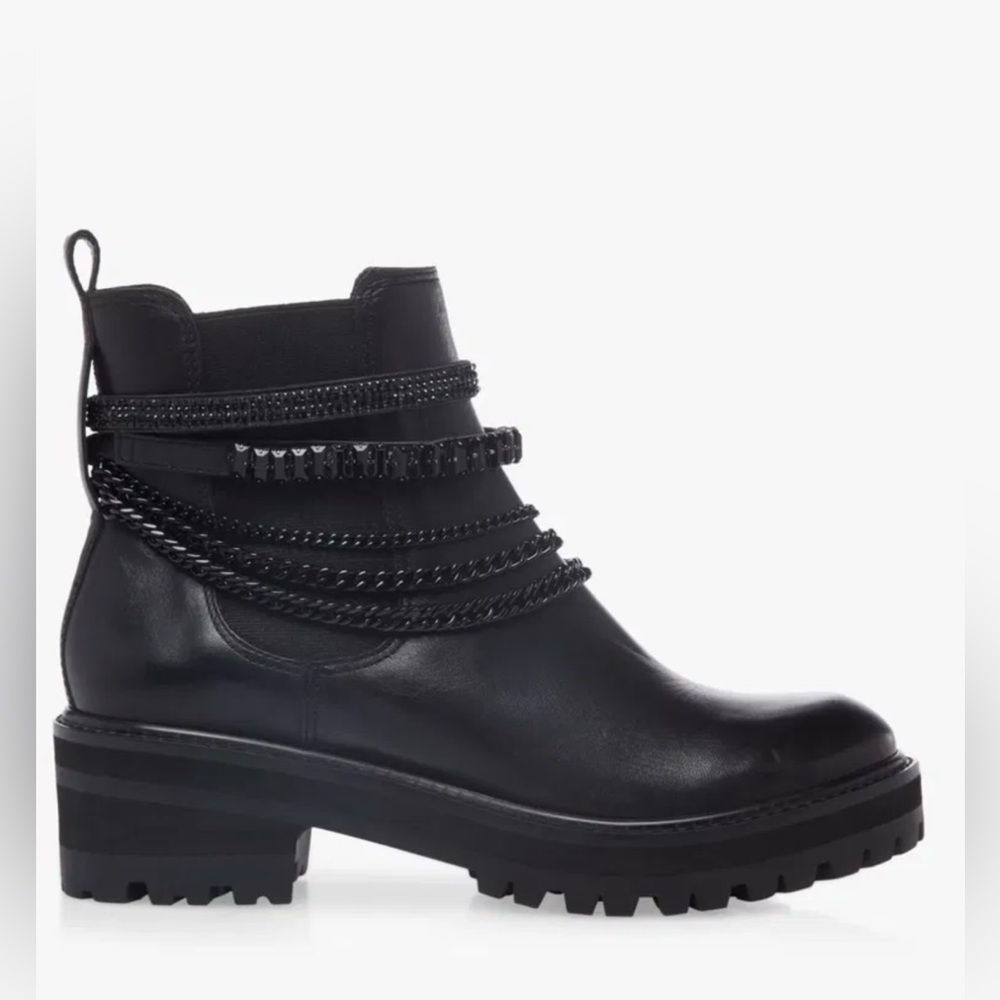 NEW Dune London Women’s Puzzel Leather Embellished Chain Ankle Boots Black